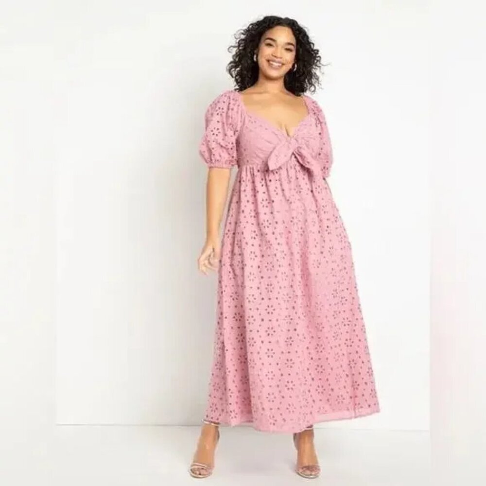 NWT Eloquii Eyelet Detail Tie Front Puff Sleeve Maxi Dress Pink Mauve SZ 28 NEW